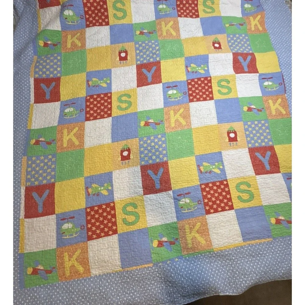 Quilt Airplane Sky Helicopter Blue Green Checkered Back Flaw 68”79” Twin